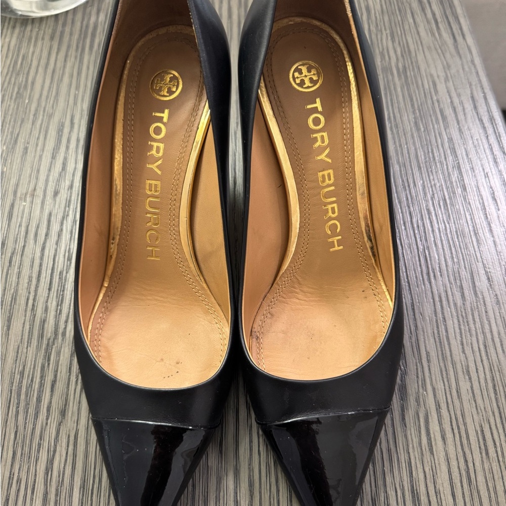 Tory Burch Black Pointed Patent Toe Pumps